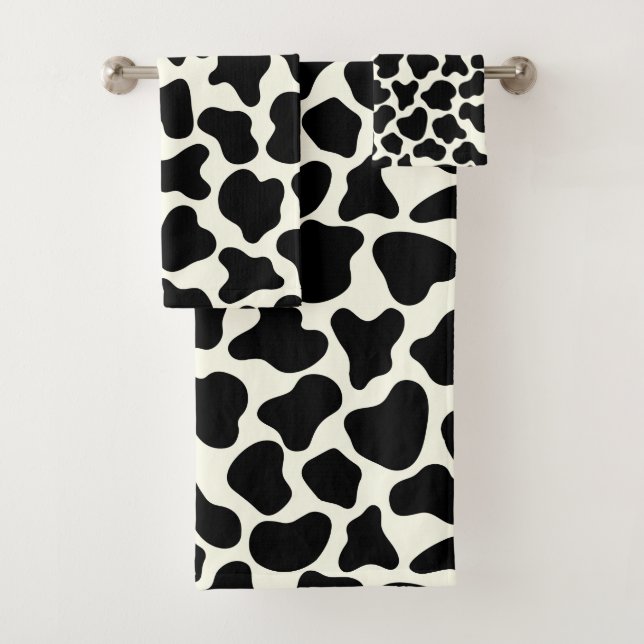 Cute Cow Animal Print Pattern Aesthetic Black Bath Towel Set (Insitu)