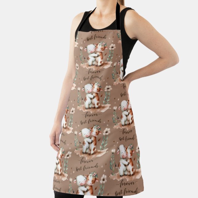 Cute Cow Best Friends Hug Floral Art Apron (Insitu)