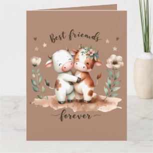 Cute Cow Best Friends Hug Floral Art Card