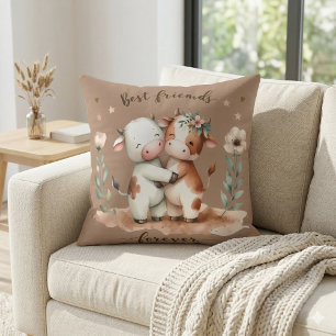 Cute Cow Best Friends Hug Floral Art Cushion