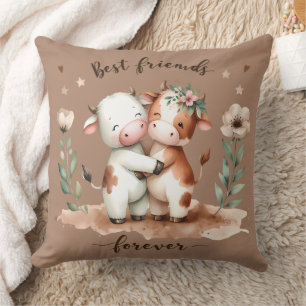 Cute Cow Best Friends Hug Floral Art Cushion
