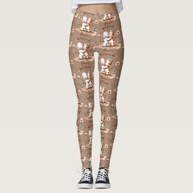 Cute Cow Best Friends Hug Floral Art Leggings (Front)