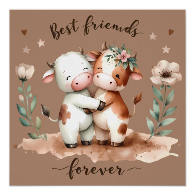 Cute Cow Best Friends Hug Floral Art Poster (Front)
