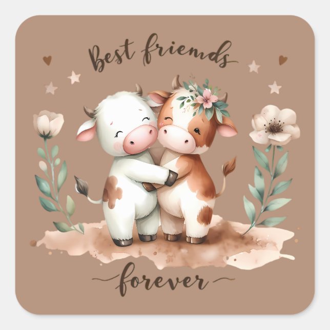 Cute Cow Best Friends Hug Floral Art Square Sticker (Front)