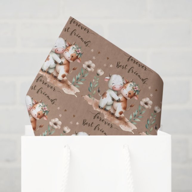Cute Cow Best Friends Hug Floral Art Tissue Paper (Gift Bag)