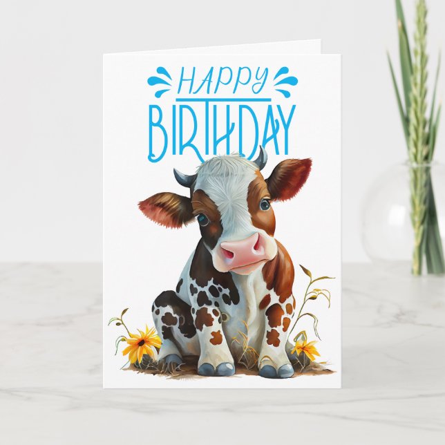  Cute Cow Birthday Boy Blue Card (Front)