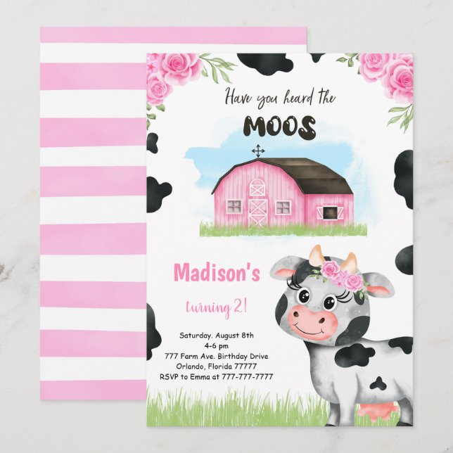 Cute Cow Birthday Invitation (Front/Back)
