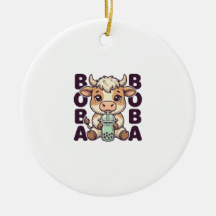 Cute Cow Boba Tea Vintage Engraving T-Shirt Design Ceramic Ornament
