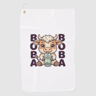 Cute Cow Boba Tea Vintage Engraving T-Shirt Design Golf Towel