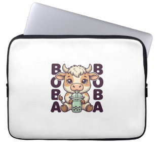 Cute Cow Boba Tea Vintage Engraving T-Shirt Design Laptop Sleeve