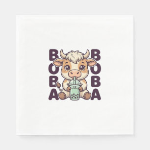 Cute Cow Boba Tea Vintage Engraving T-Shirt Design Napkin