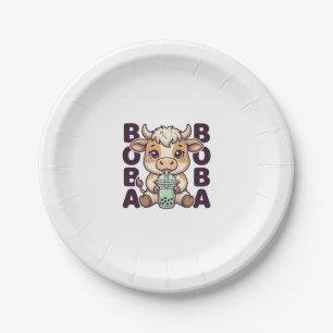 Cute Cow Boba Tea Vintage Engraving T-Shirt Design Paper Plate