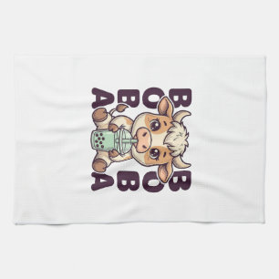 Cute Cow Boba Tea Vintage Engraving T-Shirt Design Towel