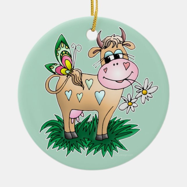 Cute Cow & Butterfly Ceramic Tree Decoration (Front)