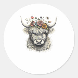 Cute Cow Calf Flowers Hand Illustration Farm Anima Classic Round Sticker