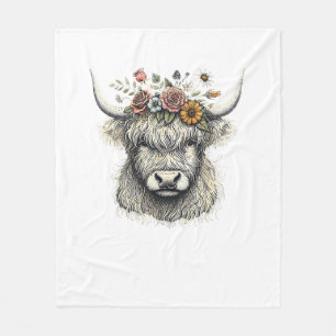 Cute Cow Calf Flowers Hand Illustration Farm Anima Fleece Blanket