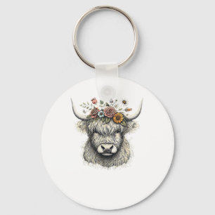 Cute Cow Calf Flowers Hand Illustration Farm Anima Key Ring