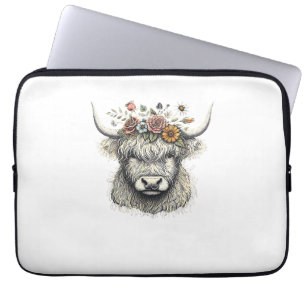 Cute Cow Calf Flowers Hand Illustration Farm Anima Laptop Sleeve