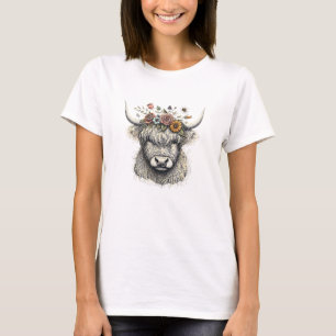 Cute Cow Calf Flowers Hand Illustration Farm Anima T-Shirt