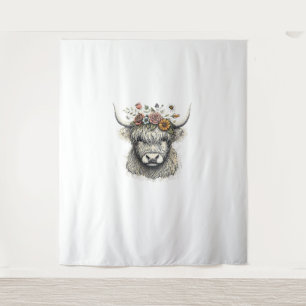 Cute Cow Calf Flowers Hand Illustration Farm Anima Tapestry