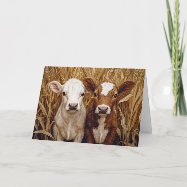 Cute Cow Calves Corn Field Card (Front)