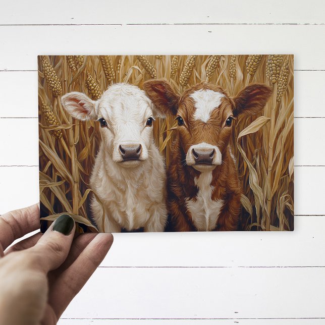 Cute Cow Calves Corn Field Postcard (Postcard with two calves in a corn field, being held by a hand over a white wood surface.)