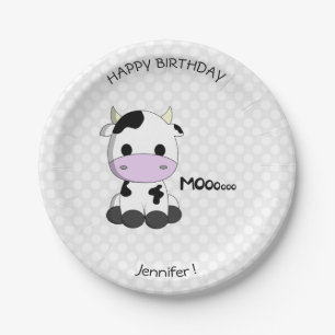 Cute cow cartoon birthday name kids paper plate