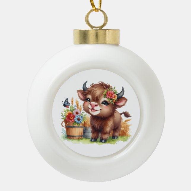 Cute Cow Ceramic Ball Christmas Ornament (Front)