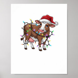 Cute Cow Christmas Light Reindeer Santa Christmas Poster