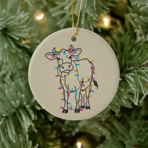 Cute Cow Christmas Lights Heifers Holiday Farm Ceramic Ornament