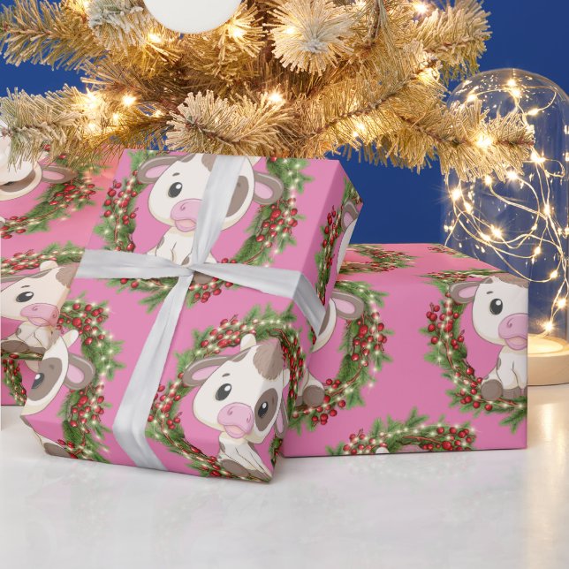 Cute Cow Christmas wreath Wrapping Paper (Holidays)