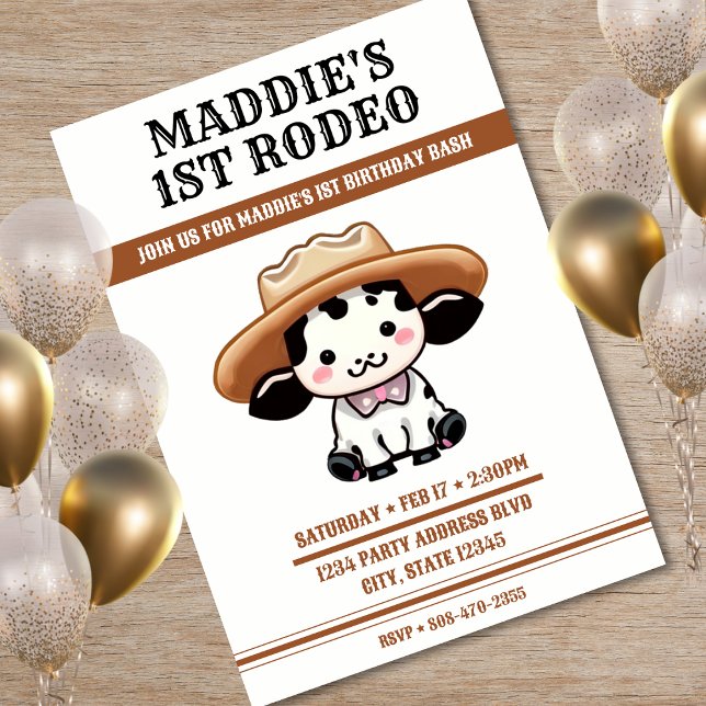 Cute Cow Cowboy Hat 1st Birthday Party Invitation (Cute Cow Cowboy Hat 1st Birthday Party Invitation)