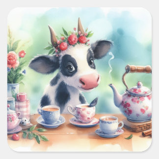 Cute Cow Drinking Tea Square Stickers