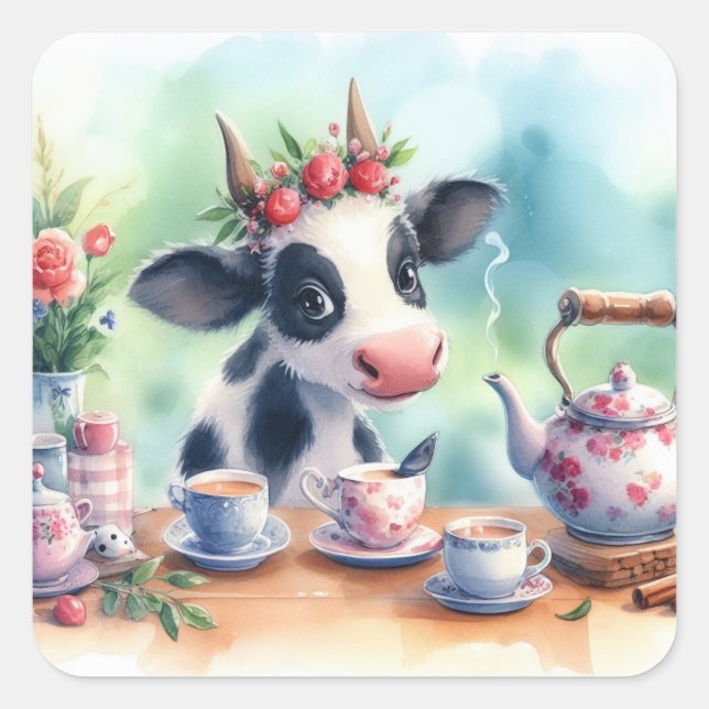 Cute Cow Drinking Tea Square Stickers (Front)