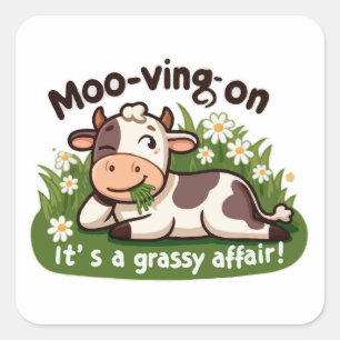 Cute Cow Eating Grass  Square Sticker