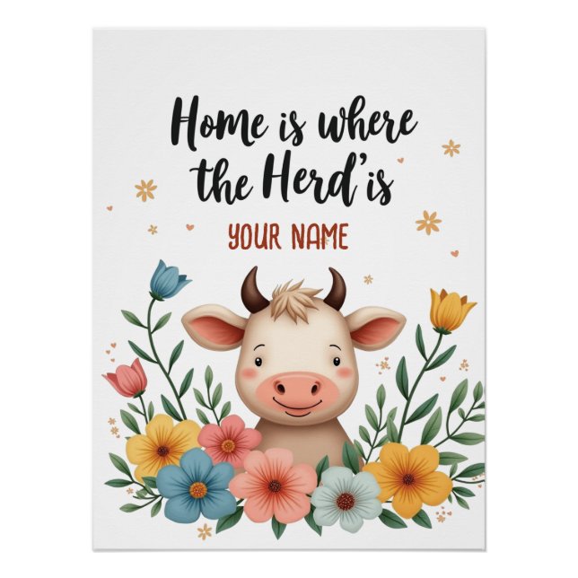 Cute Cow – Editable Family Name Design Poster (Front)