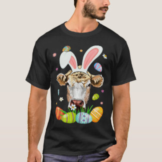 Cute Cow Face With Bunny Ears Colourful Eggs Easte T-Shirt