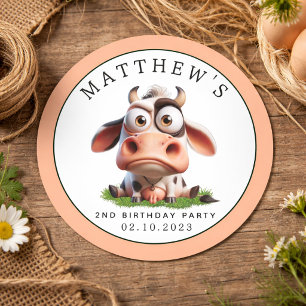 Cute Cow Farm Animals 2nd Birthday Party Classic Round Sticker