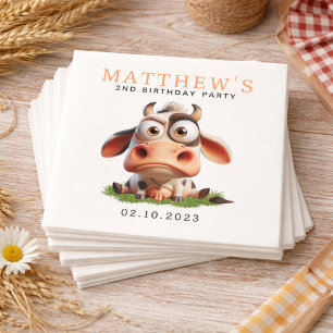Cute Cow Farm Animals 2nd Birthday Party Napkin