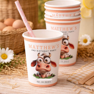 Cute Cow Farm Animals 2nd Birthday Party Paper Cups