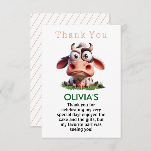 Cute Cow Farm Animals 2nd Birthday Party Thank You Card (Front/Back)
