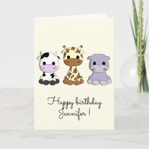 Cute cow giraffe hippo cartoon kids birthday card