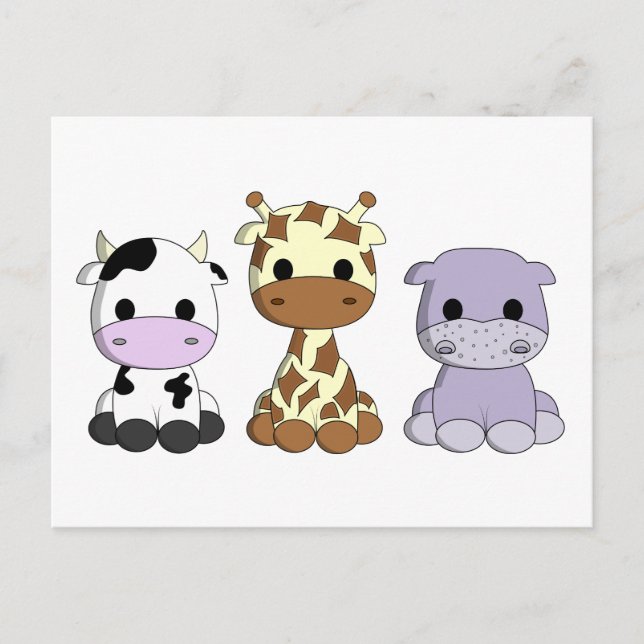 Cute cow giraffe hippo cartoon kids postcard (Front)