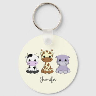 Cute cow giraffe hippo cartoon name keychain