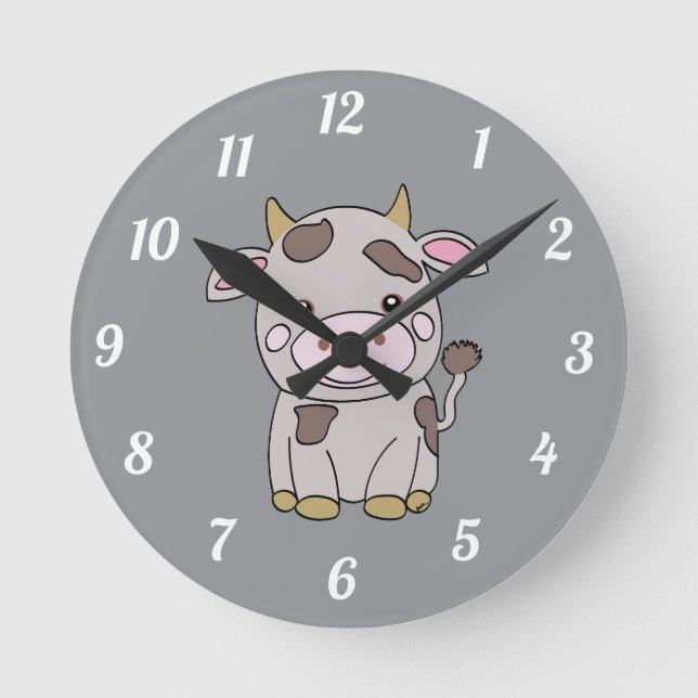 Cute cow, gray round clock (Front)