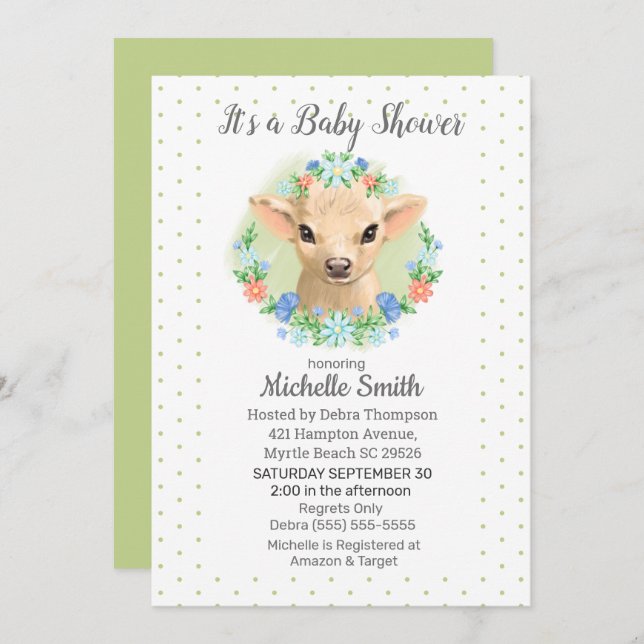 Cute Cow Green Neutral Floral Baby Shower  Invitation (Front/Back)