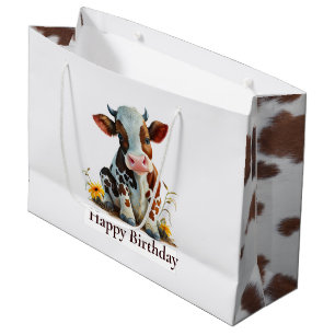 Cute Cow Happy Birthday White Large Gift Bag