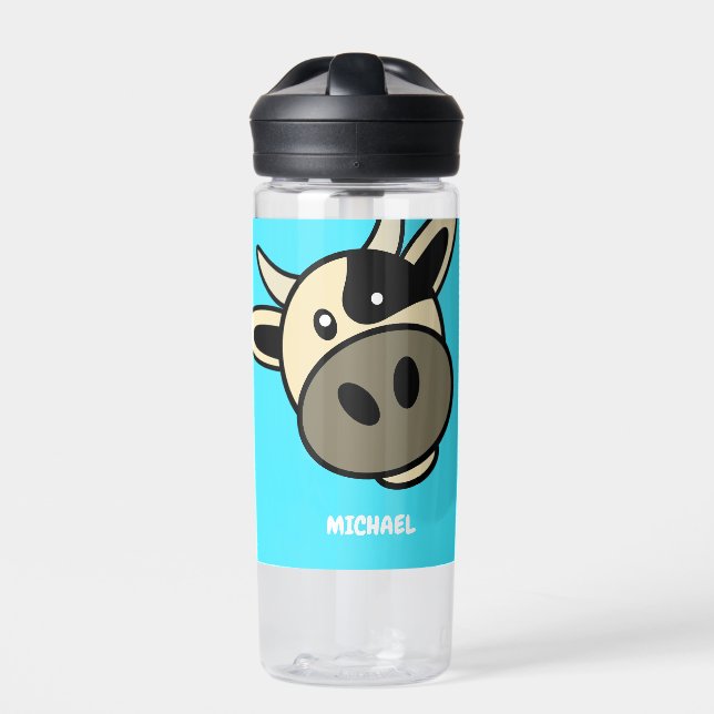 Cute Cow Head | Simple Cartoon Name Monogram Water Bottle (Front)