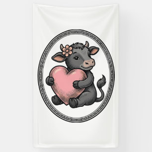 Cute Cow Heart Vintage Engraving Farm Shirt Banner