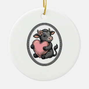 Cute Cow Heart Vintage Engraving Farm Shirt Ceramic Ornament